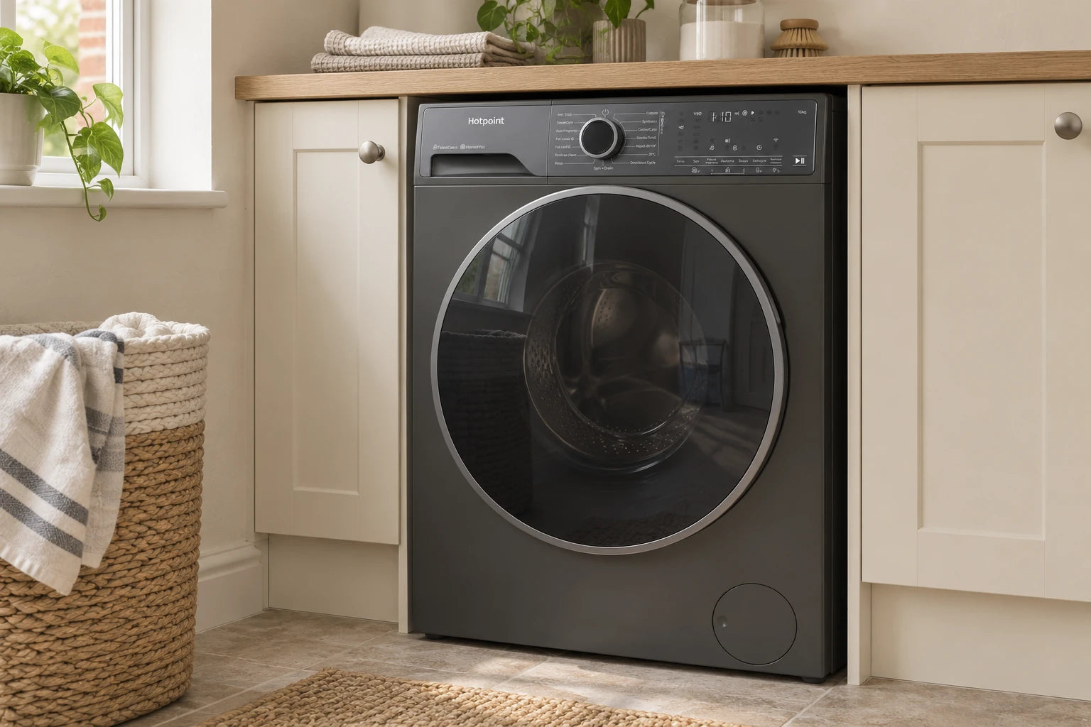 Hotpoint HP 105GA CARE UK grey washing machine in a naturally lit utility room