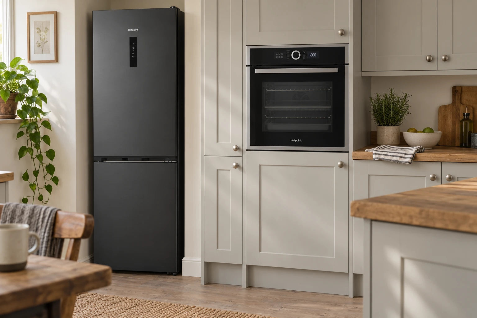 Hotpoint HPK 26413 XR6UKE graphite fridge freezer and HOIM4S8CM0XUK oven in a naturally lit kitchen